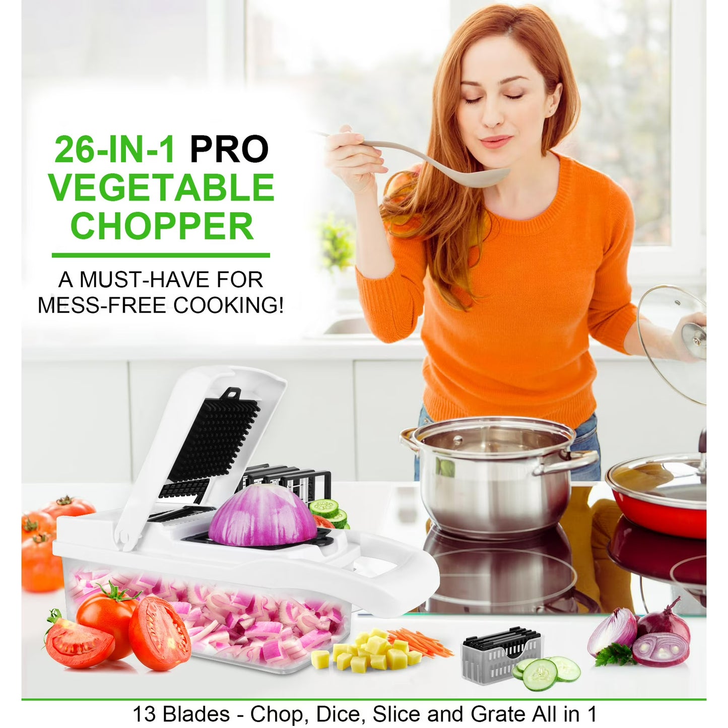 Zacenei 26-in-1 Vegetable Chopper with Container & Drain Basket – Multifunctional Food Slicer, Dicer & Cutter with 12 Blades