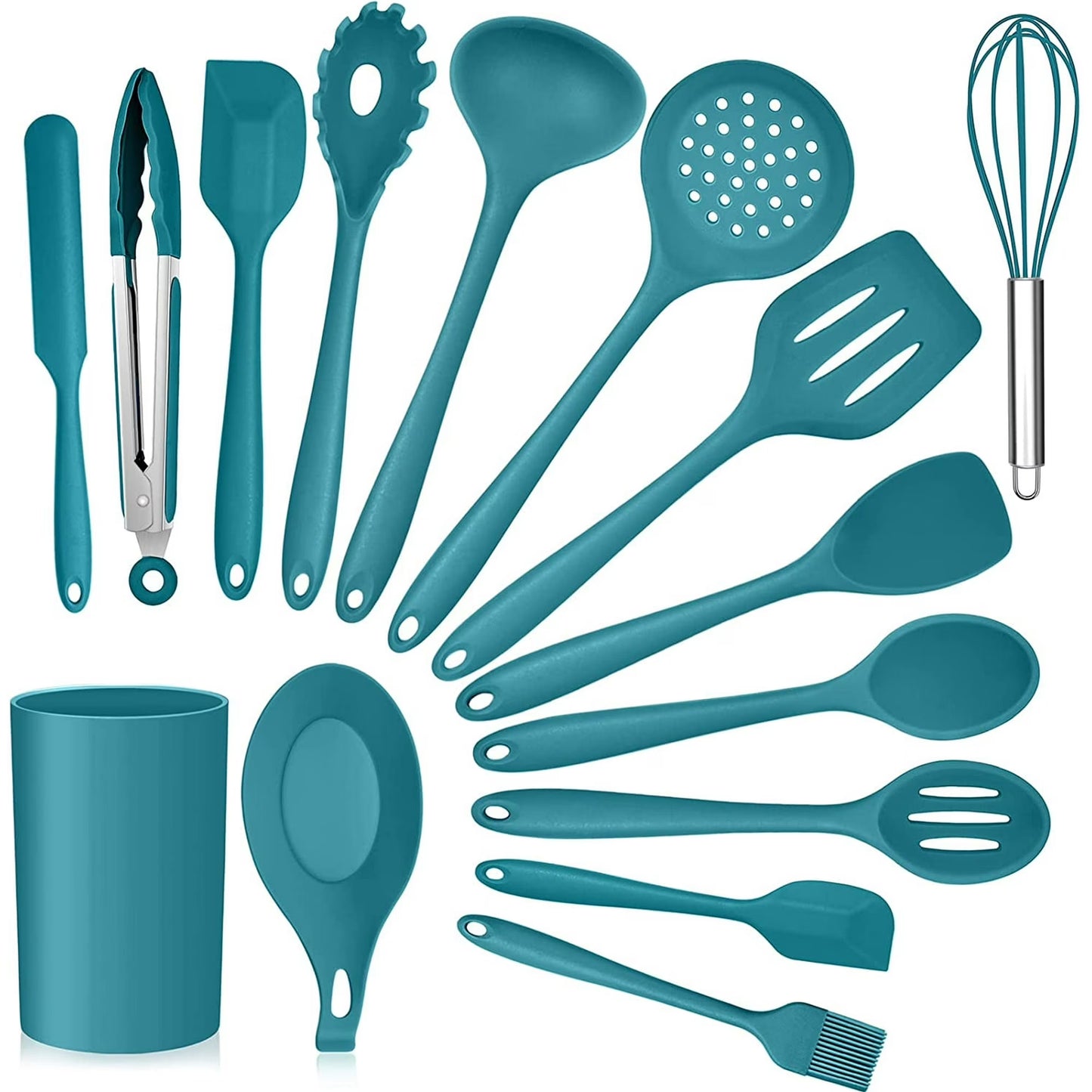 Vesteel 15-Piece Kitchen Utensils Set – Silicone Cooking Utensils with Holder, Non-Stick & Heat Resistant (Teal Blue)