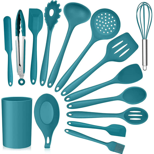 Vesteel 15-Piece Kitchen Utensils Set – Silicone Cooking Utensils with Holder, Non-Stick & Heat Resistant (Teal Blue)