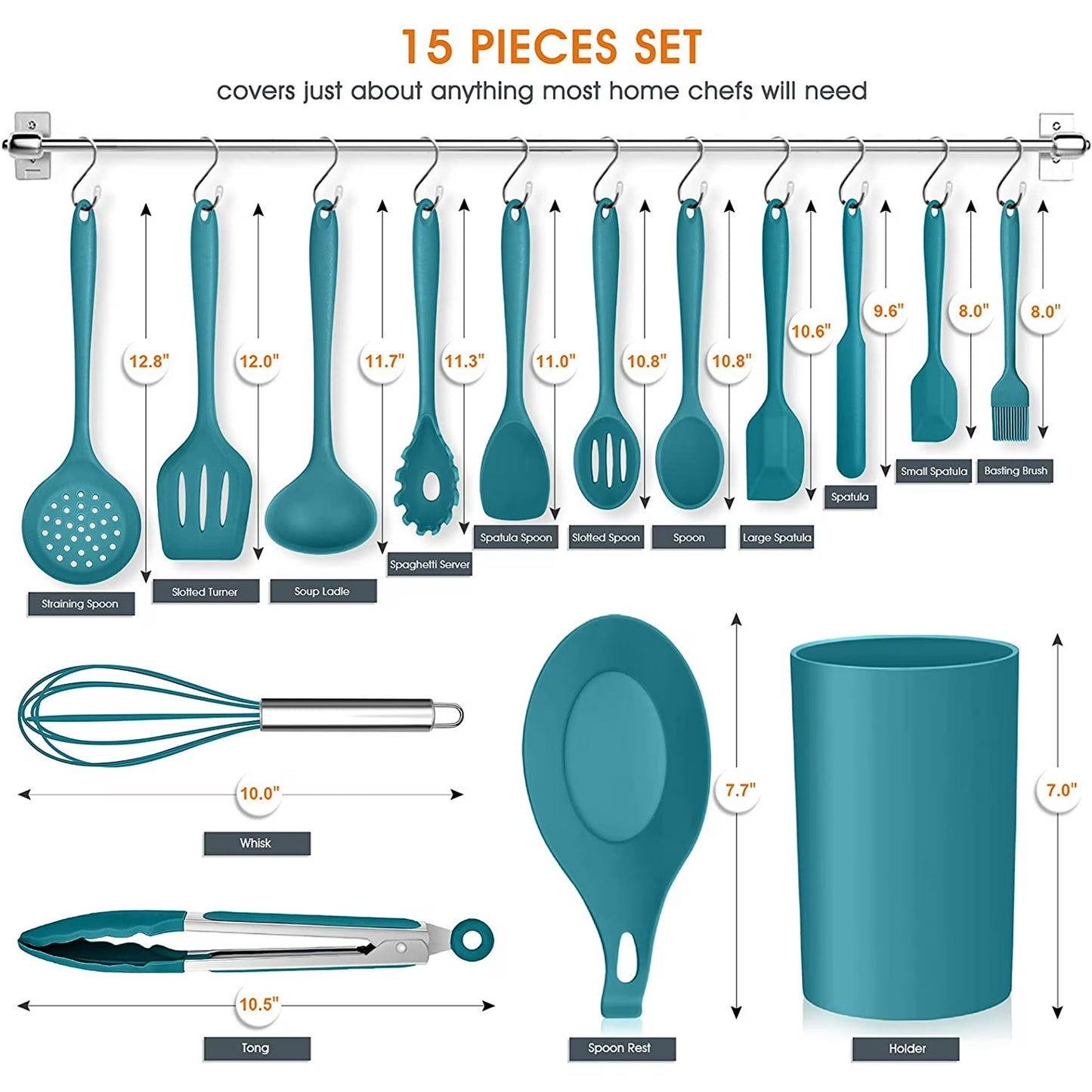 Vesteel 15-Piece Kitchen Utensils Set – Silicone Cooking Utensils with Holder, Non-Stick & Heat Resistant (Teal Blue)