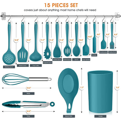 Vesteel 15-Piece Kitchen Utensils Set – Silicone Cooking Utensils with Holder, Non-Stick & Heat Resistant (Teal Blue)