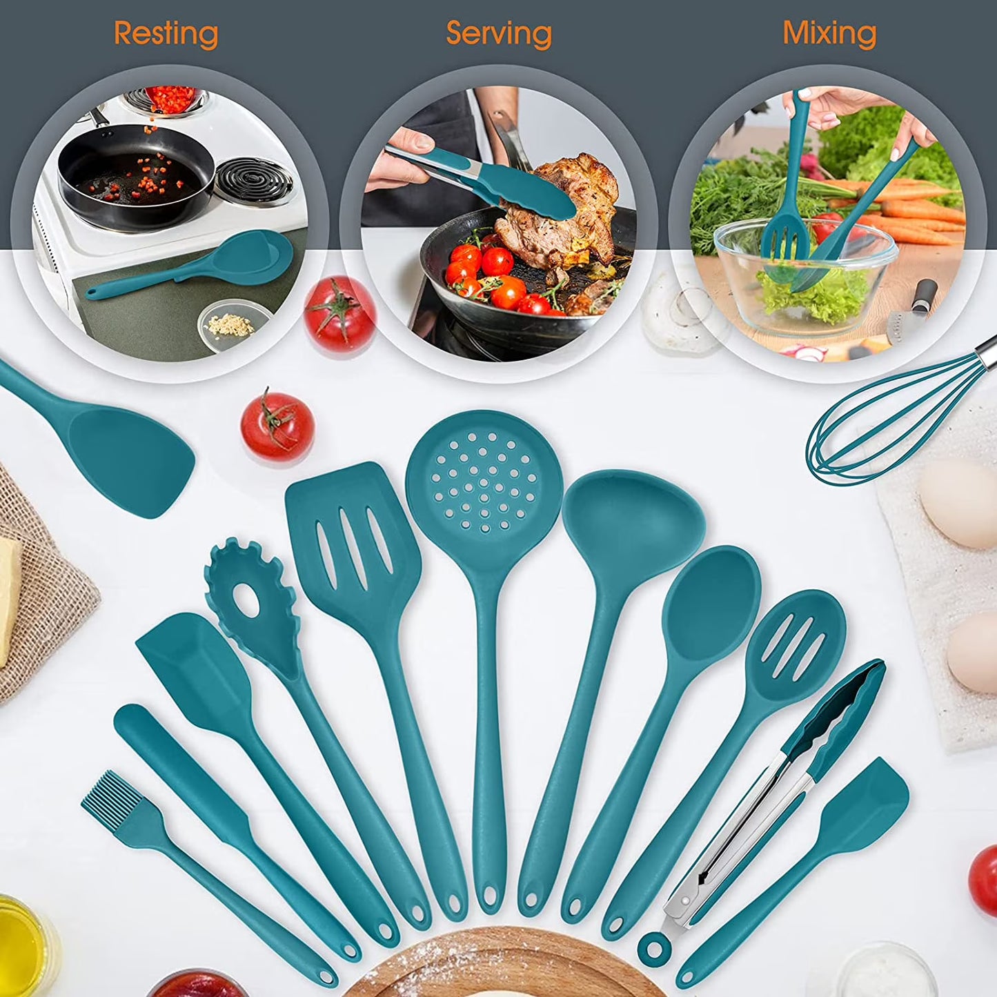 Vesteel 15-Piece Kitchen Utensils Set – Silicone Cooking Utensils with Holder, Non-Stick & Heat Resistant (Teal Blue)