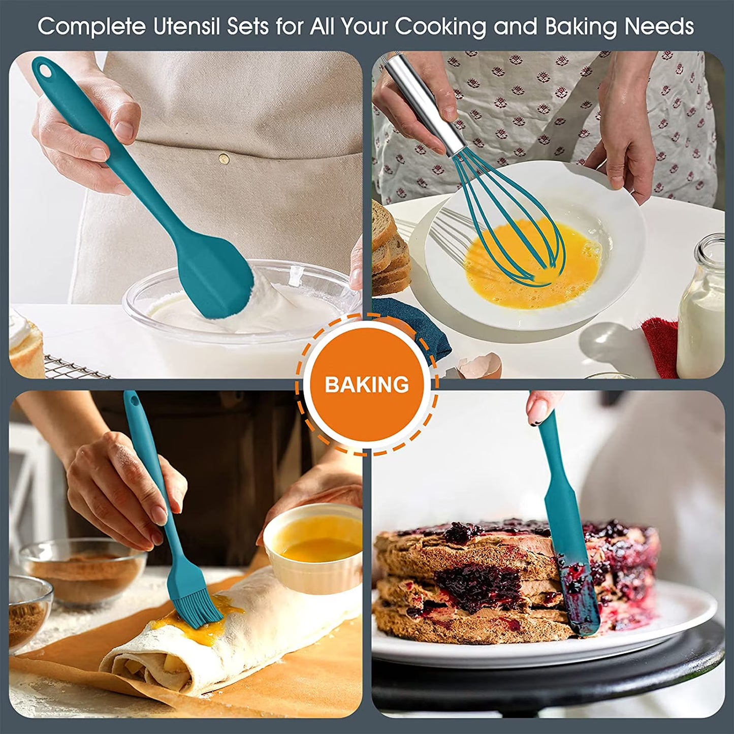 Vesteel 15-Piece Kitchen Utensils Set – Silicone Cooking Utensils with Holder, Non-Stick & Heat Resistant (Teal Blue)