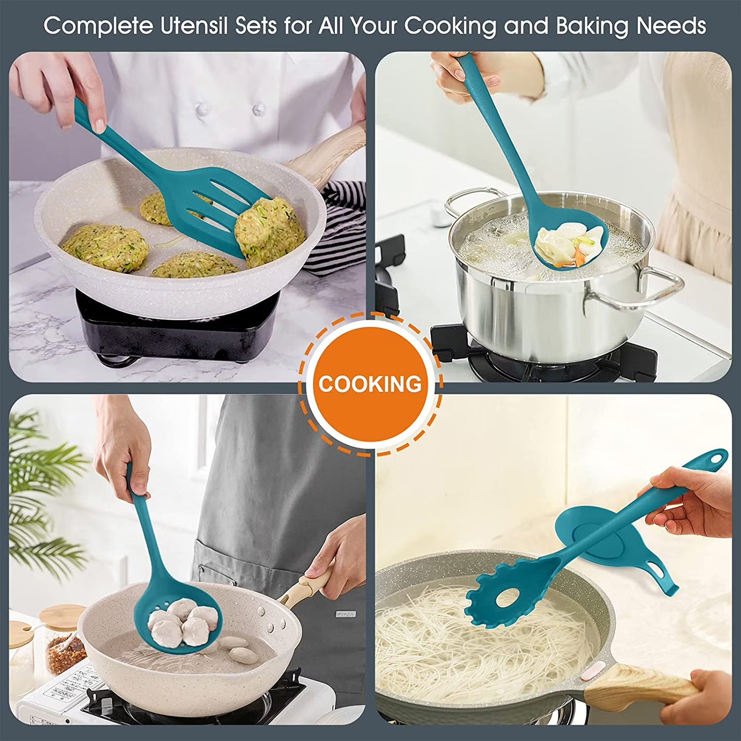 Vesteel 15-Piece Kitchen Utensils Set – Silicone Cooking Utensils with Holder, Non-Stick & Heat Resistant (Teal Blue)