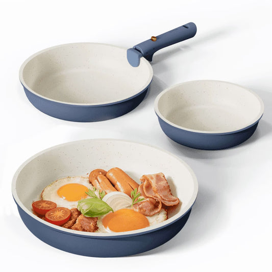 Carote 4-Piece Space-Smart Nonstick Cookware Set with Removable Handles – Oven Safe, Induction Compatible (Navy Blue)