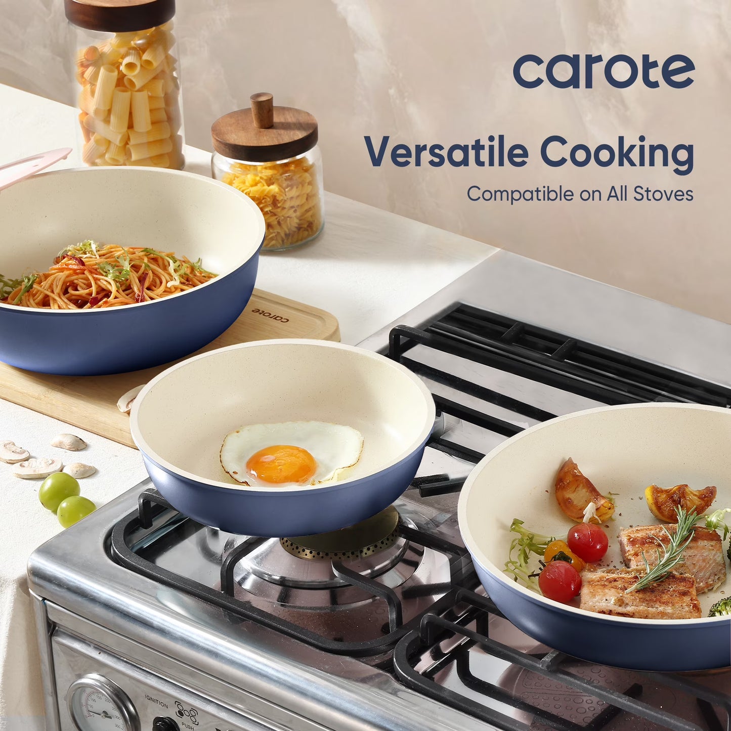 Carote 4-Piece Space-Smart Nonstick Cookware Set with Removable Handles – Oven Safe, Induction Compatible (Navy Blue)