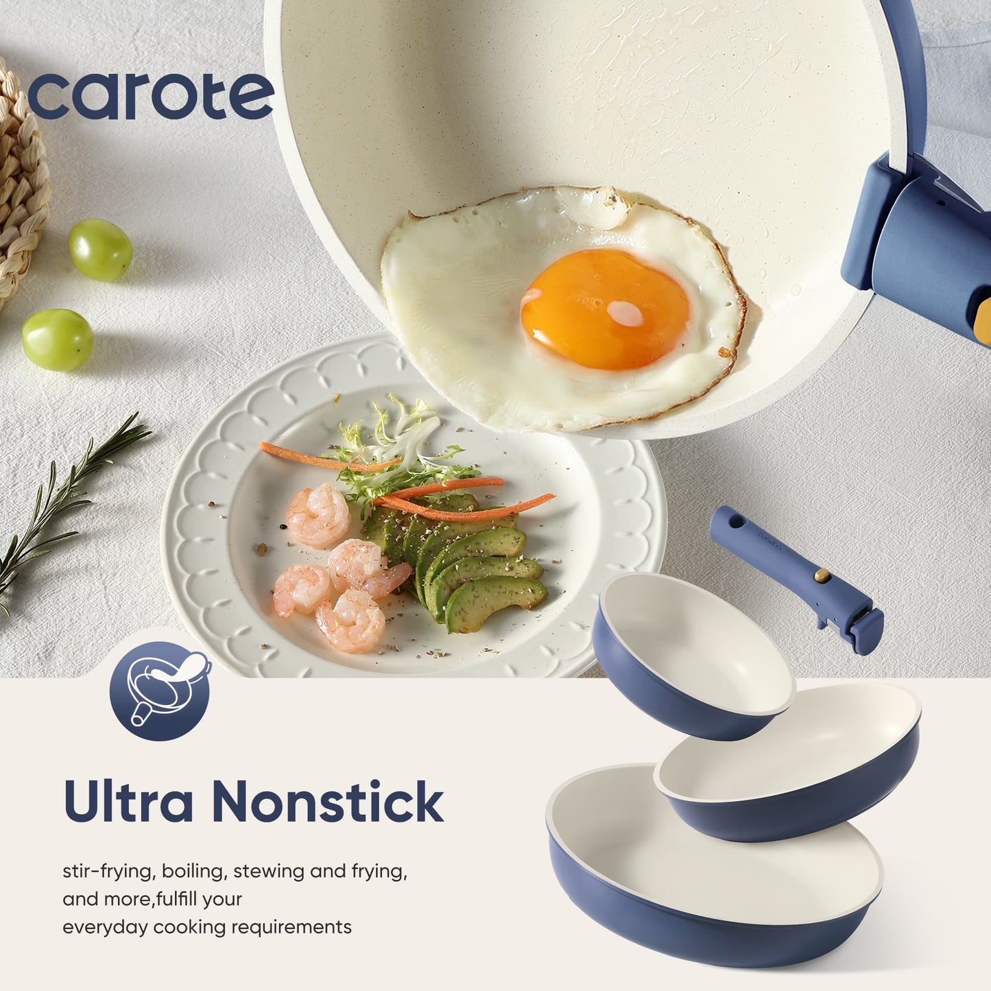 Carote 4-Piece Space-Smart Nonstick Cookware Set with Removable Handles – Oven Safe, Induction Compatible (Navy Blue)