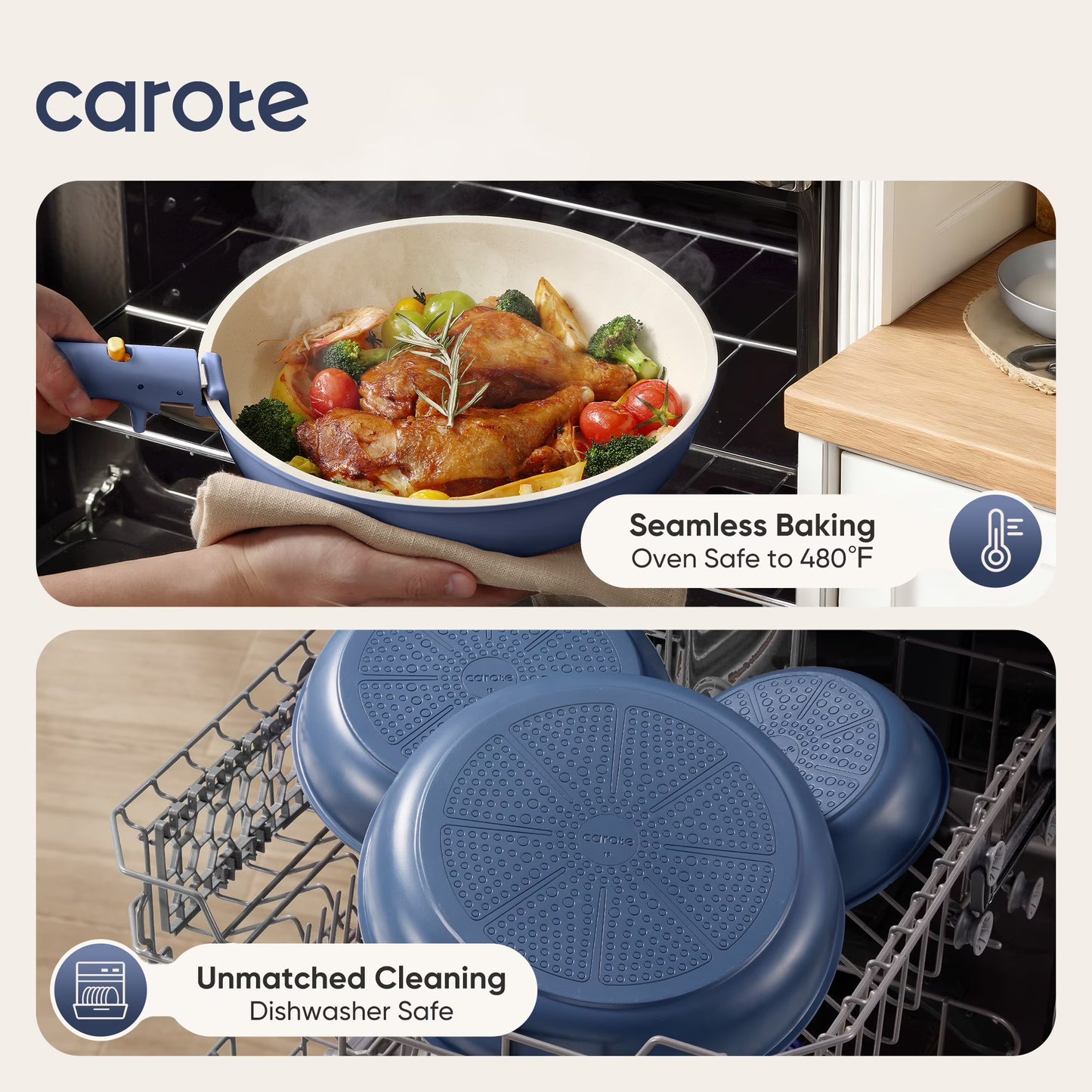 Carote 4-Piece Space-Smart Nonstick Cookware Set with Removable Handles – Oven Safe, Induction Compatible (Navy Blue)