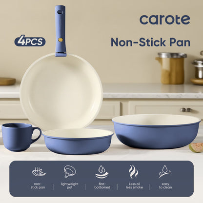 Carote 4-Piece Space-Smart Nonstick Cookware Set with Removable Handles – Oven Safe, Induction Compatible (Navy Blue)