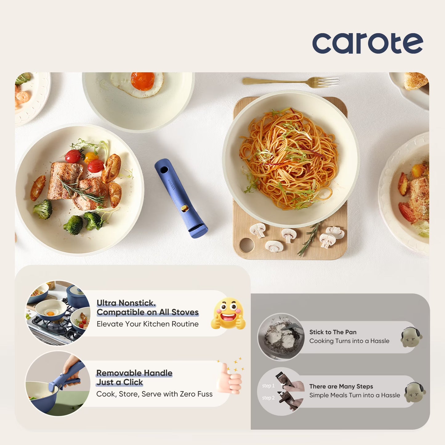 Carote 4-Piece Space-Smart Nonstick Cookware Set with Removable Handles – Oven Safe, Induction Compatible (Navy Blue)