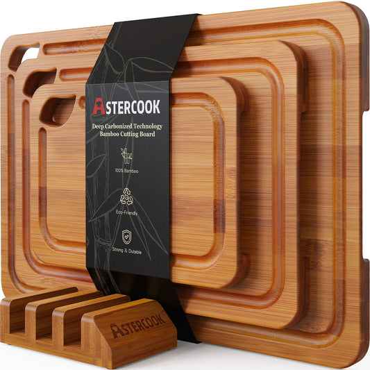 Astercook 4-Piece Bamboo Wood Cutting Board Set with Holder – Juice Groove & Handles for Meat, Vegetables & Fruits