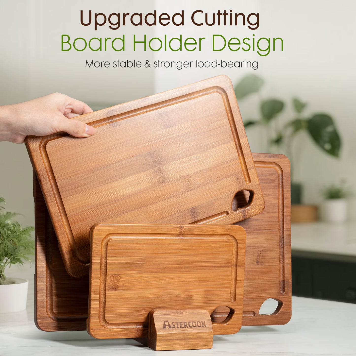 Astercook 4-Piece Bamboo Wood Cutting Board Set with Holder – Juice Groove & Handles for Meat, Vegetables & Fruits