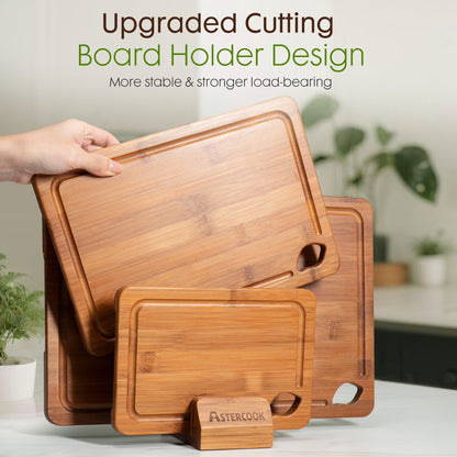 Astercook 4-Piece Bamboo Wood Cutting Board Set with Holder – Juice Groove & Handles for Meat, Vegetables & Fruits