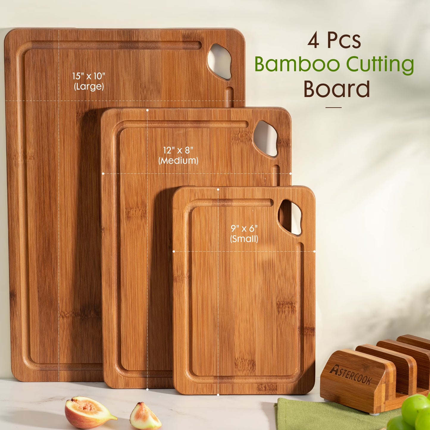 Astercook 4-Piece Bamboo Wood Cutting Board Set with Holder – Juice Groove & Handles for Meat, Vegetables & Fruits