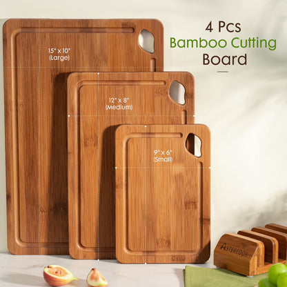 Astercook 4-Piece Bamboo Wood Cutting Board Set with Holder – Juice Groove & Handles for Meat, Vegetables & Fruits