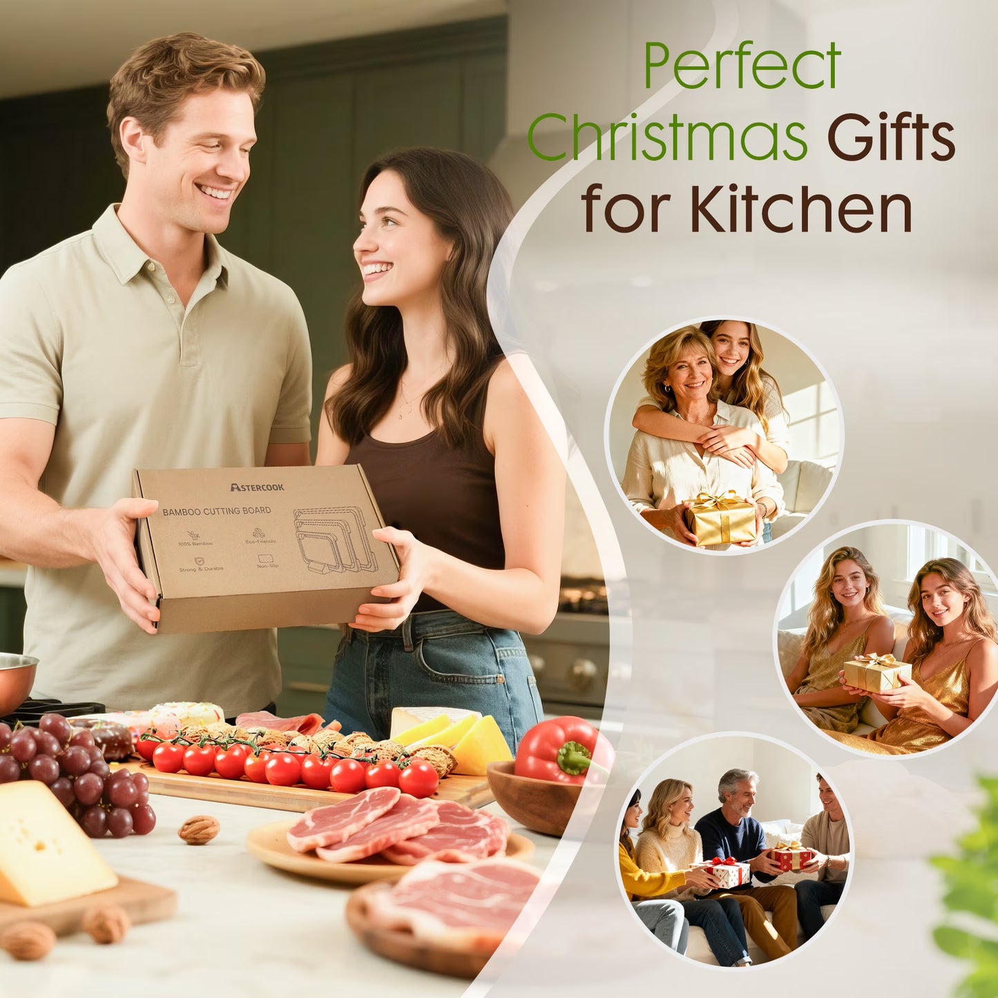Astercook 4-Piece Bamboo Wood Cutting Board Set with Holder – Juice Groove & Handles for Meat, Vegetables & Fruits