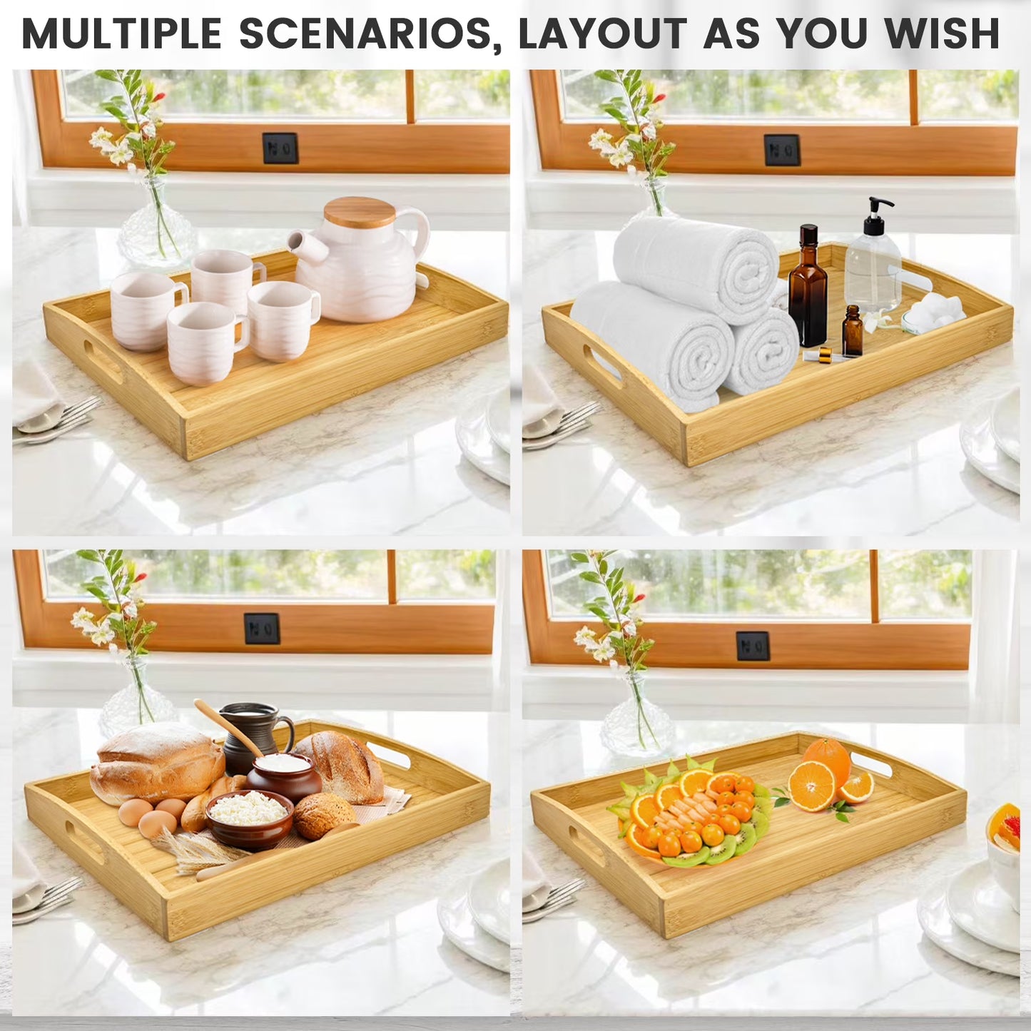 WALNEE 2-Pack Bamboo Rectangular Serving Trays – Natural Wood (17x13 & 16x12 Inches)