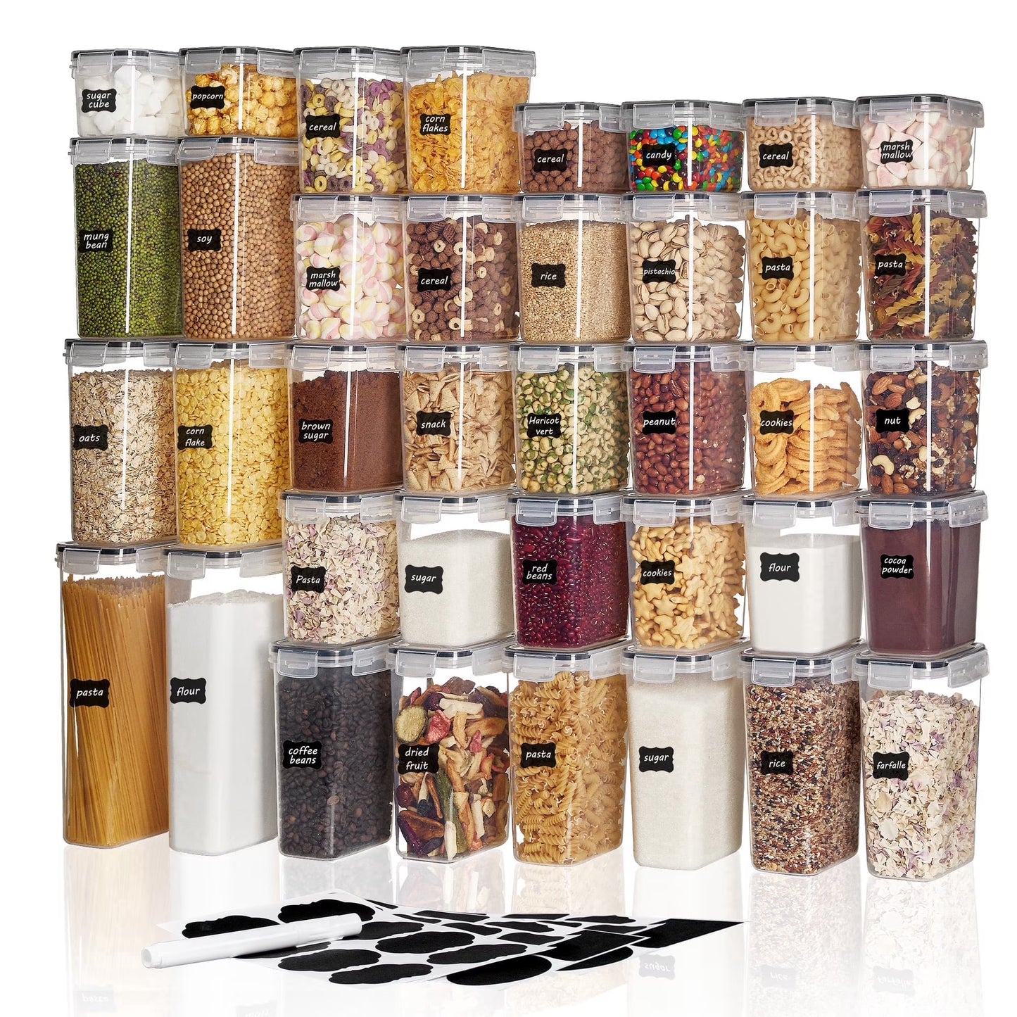 Sindcom 38-Piece Airtight Food Storage Container Set – Plastic Kitchen & Pantry Organization Canisters (Black)