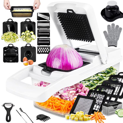 Zacenei 26-in-1 Vegetable Chopper with Container & Drain Basket – Multifunctional Food Slicer, Dicer & Cutter with 12 Blades