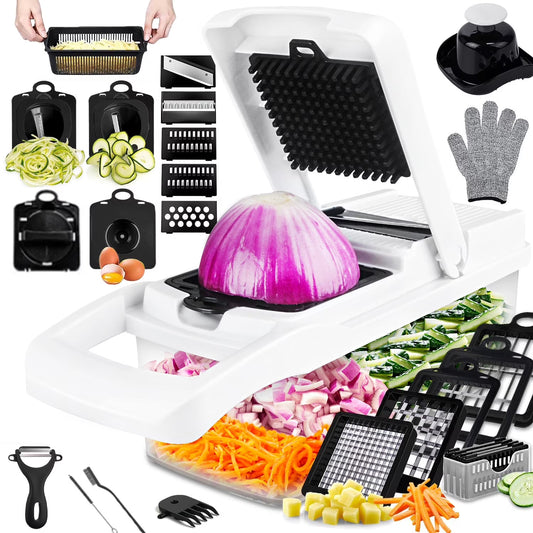 Zacenei 26-in-1 Vegetable Chopper with Container & Drain Basket – Multifunctional Food Slicer, Dicer & Cutter with 12 Blades
