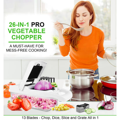 Zacenei 26-in-1 Vegetable Chopper with Container & Drain Basket – Multifunctional Food Slicer, Dicer & Cutter with 12 Blades