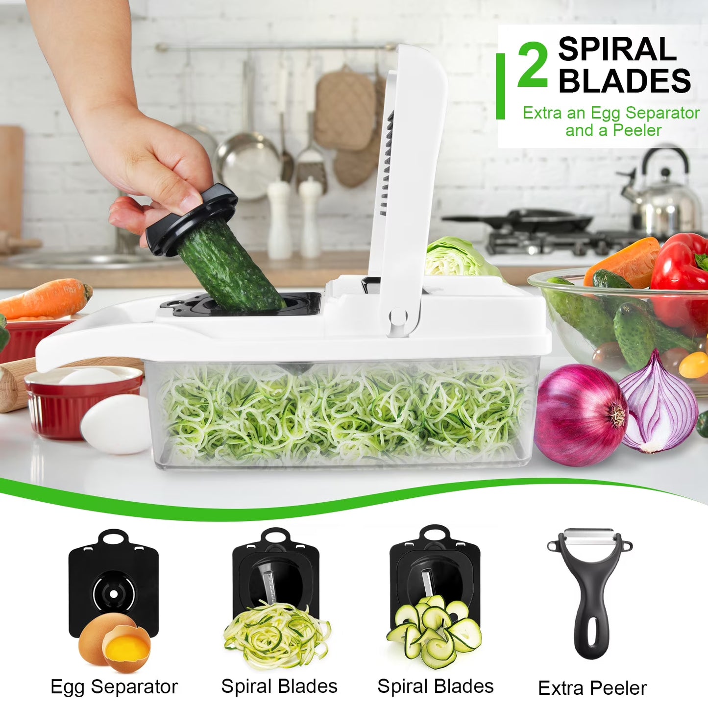 Zacenei 26-in-1 Vegetable Chopper with Container & Drain Basket – Multifunctional Food Slicer, Dicer & Cutter with 12 Blades