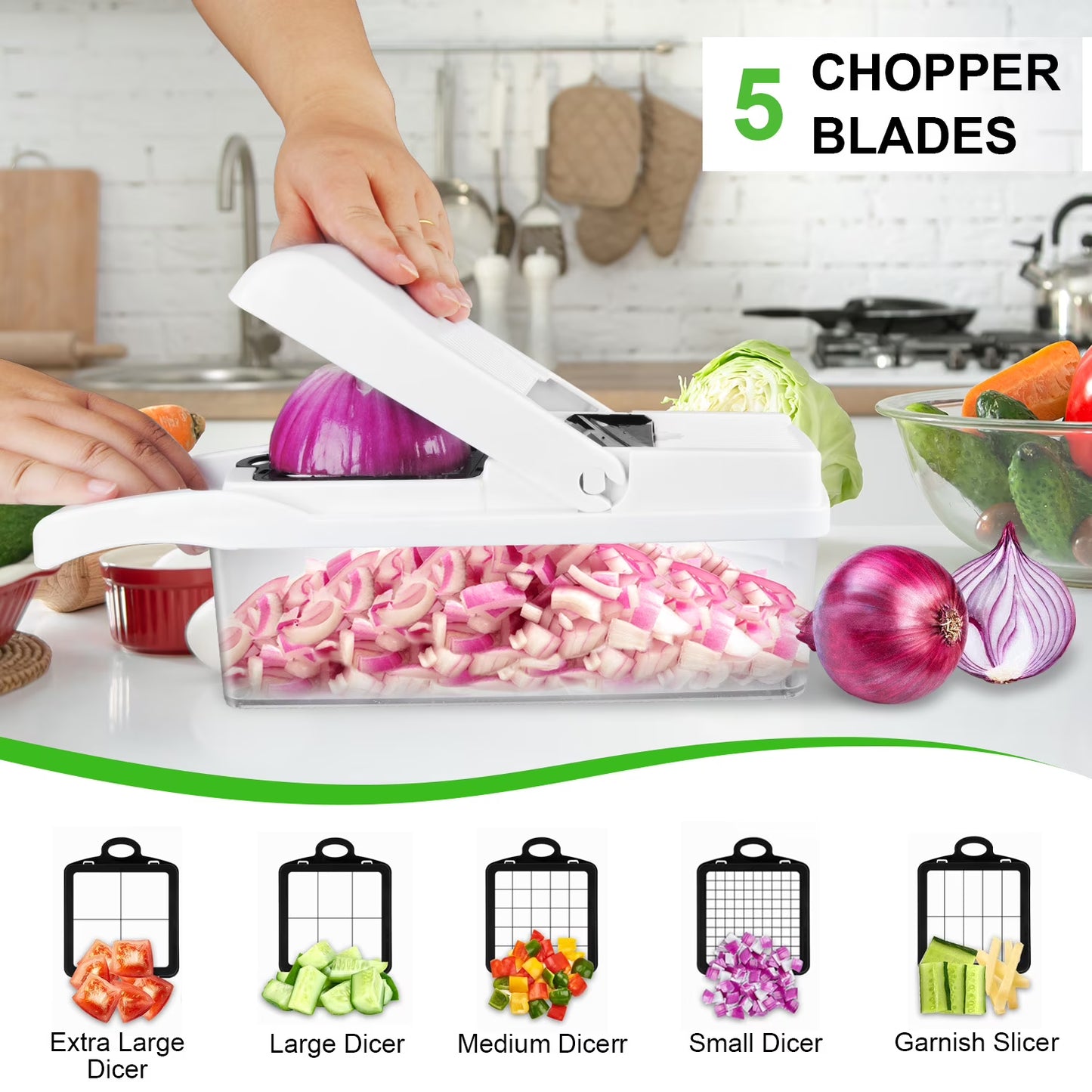 Zacenei 26-in-1 Vegetable Chopper with Container & Drain Basket – Multifunctional Food Slicer, Dicer & Cutter with 12 Blades