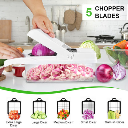 Zacenei 26-in-1 Vegetable Chopper with Container & Drain Basket – Multifunctional Food Slicer, Dicer & Cutter with 12 Blades