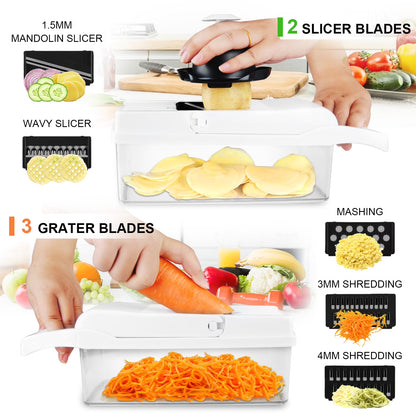Zacenei 26-in-1 Vegetable Chopper with Container & Drain Basket – Multifunctional Food Slicer, Dicer & Cutter with 12 Blades