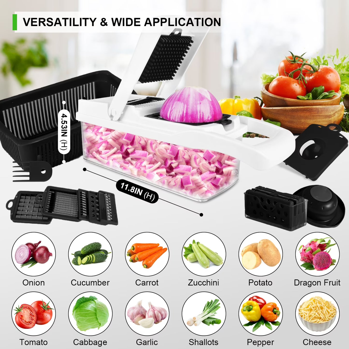 Zacenei 26-in-1 Vegetable Chopper with Container & Drain Basket – Multifunctional Food Slicer, Dicer & Cutter with 12 Blades