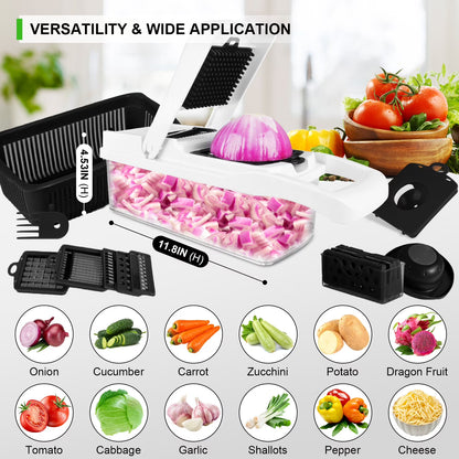Zacenei 26-in-1 Vegetable Chopper with Container & Drain Basket – Multifunctional Food Slicer, Dicer & Cutter with 12 Blades
