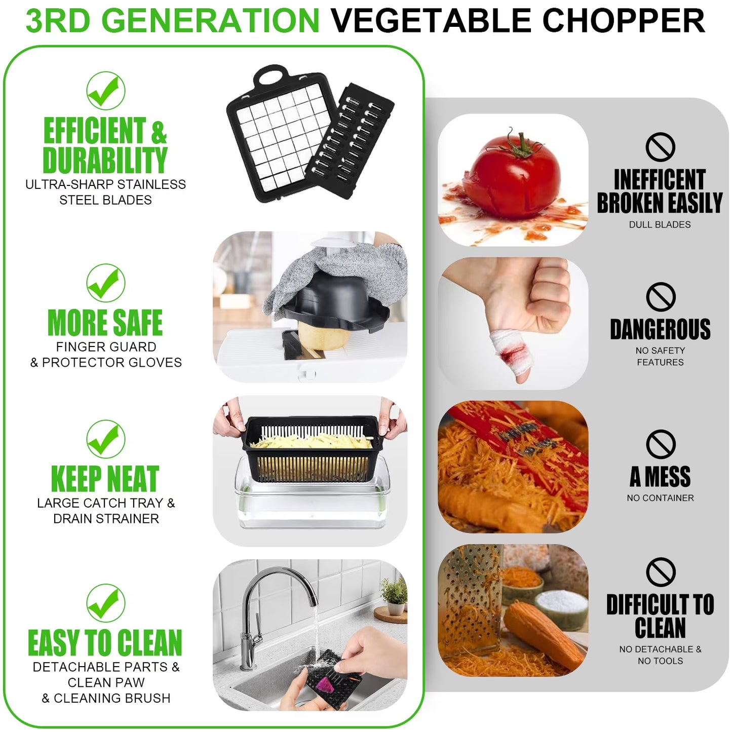 Zacenei 26-in-1 Vegetable Chopper with Container & Drain Basket – Multifunctional Food Slicer, Dicer & Cutter with 12 Blades