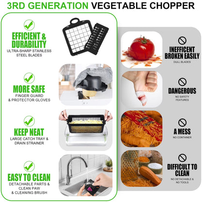 Zacenei 26-in-1 Vegetable Chopper with Container & Drain Basket – Multifunctional Food Slicer, Dicer & Cutter with 12 Blades