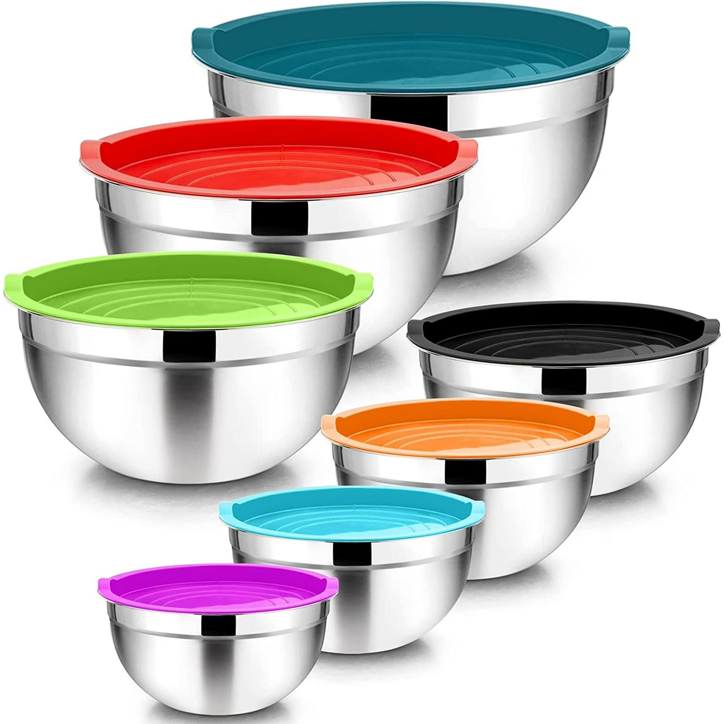 Vesteel 7-Piece Stainless Steel Mixing Bowl Set with Lids – Nesting Salad Bowls (4.5 to 0.7 QT, Multi-Color)