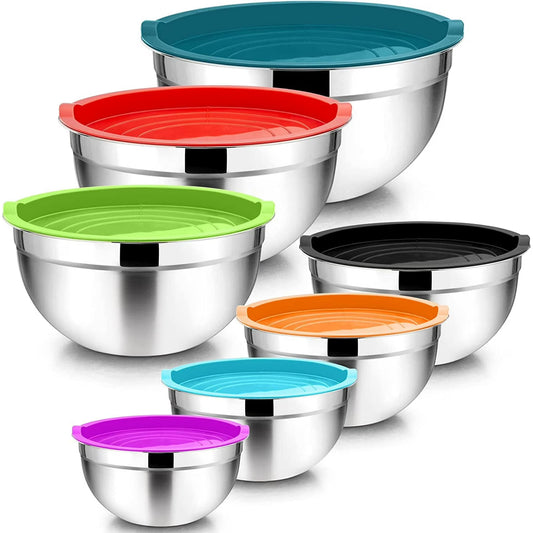 Vesteel 7-Piece Stainless Steel Mixing Bowl Set with Lids – Nesting Salad Bowls (4.5 to 0.7 QT, Multi-Color)