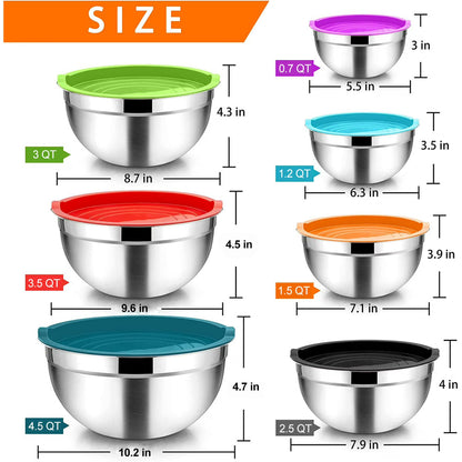 Vesteel 7-Piece Stainless Steel Mixing Bowl Set with Lids – Nesting Salad Bowls (4.5 to 0.7 QT, Multi-Color)