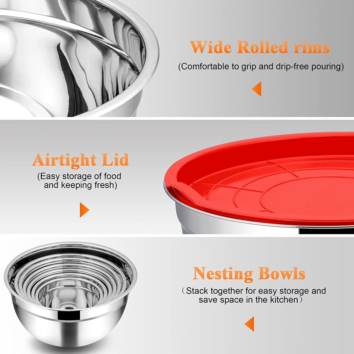 Vesteel 7-Piece Stainless Steel Mixing Bowl Set with Lids – Nesting Salad Bowls (4.5 to 0.7 QT, Multi-Color)