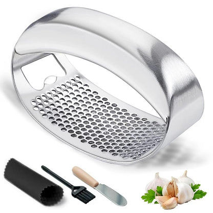 Heavy-Duty Stainless Steel Garlic Press Rocker – Garlic Mincer, Crusher & Chopper with Peeler, Scraper & Built-In Bottle Opener