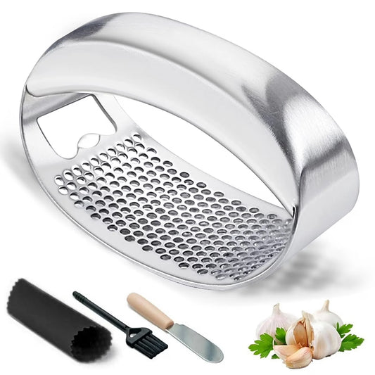 Heavy-Duty Stainless Steel Garlic Press Rocker – Garlic Mincer, Crusher & Chopper with Peeler, Scraper & Built-In Bottle Opener