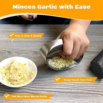 Heavy-Duty Stainless Steel Garlic Press Rocker – Garlic Mincer, Crusher & Chopper with Peeler, Scraper & Built-In Bottle Opener