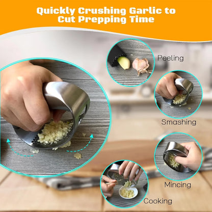 Heavy-Duty Stainless Steel Garlic Press Rocker – Garlic Mincer, Crusher & Chopper with Peeler, Scraper & Built-In Bottle Opener