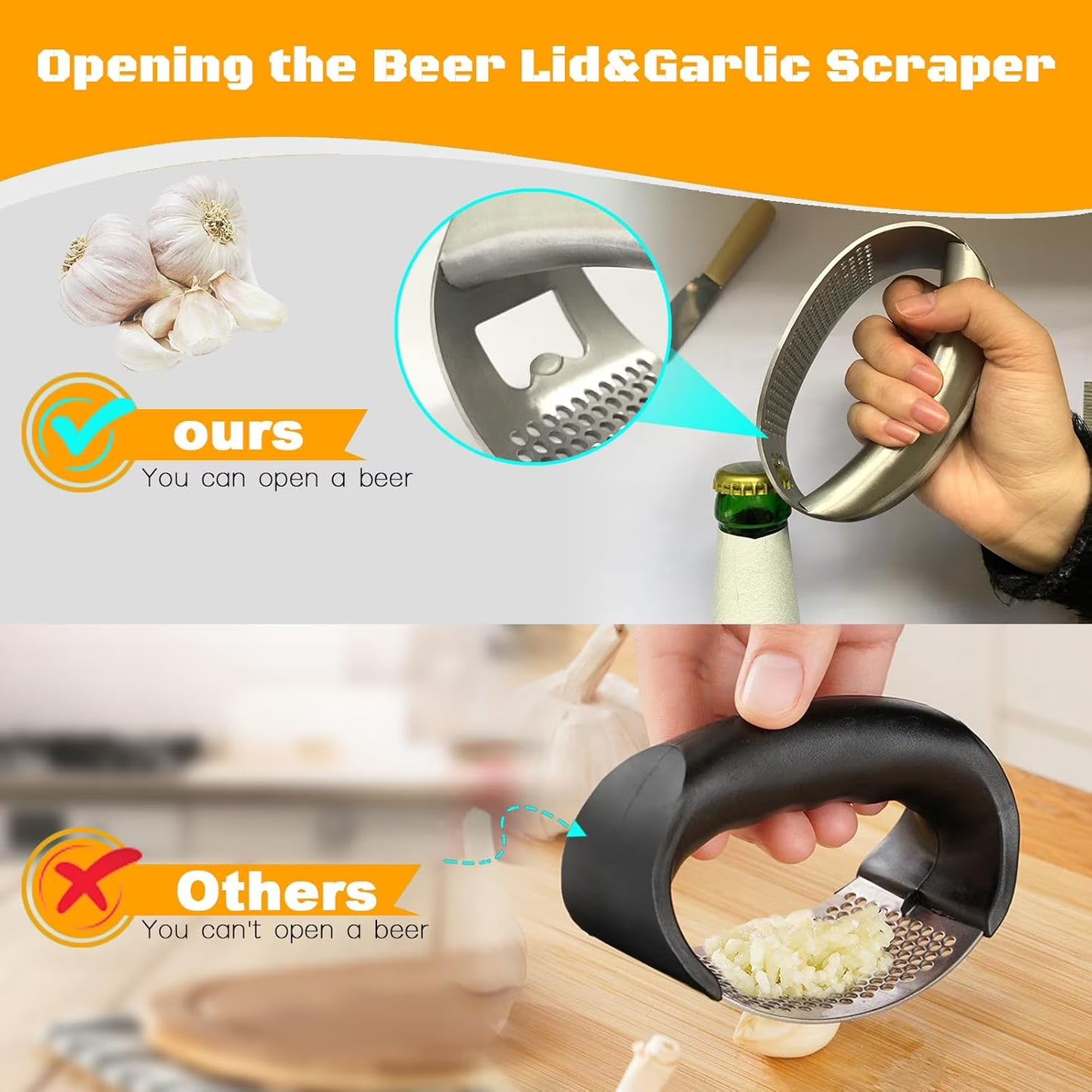 Heavy-Duty Stainless Steel Garlic Press Rocker – Garlic Mincer, Crusher & Chopper with Peeler, Scraper & Built-In Bottle Opener