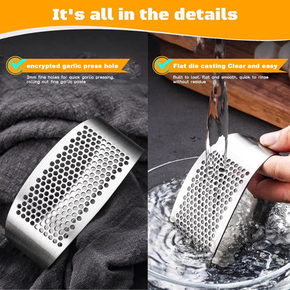 Heavy-Duty Stainless Steel Garlic Press Rocker – Garlic Mincer, Crusher & Chopper with Peeler, Scraper & Built-In Bottle Opener