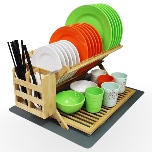 3-Tier Bamboo Dish Drying Rack with Utensil Holder – Collapsible Wooden Dish Drainer with Drying Mat for Kitchen Counter