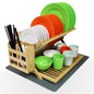 3-Tier Bamboo Dish Drying Rack with Utensil Holder – Collapsible Wooden Dish Drainer with Drying Mat for Kitchen Counter