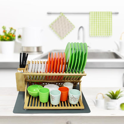 3-Tier Bamboo Dish Drying Rack with Utensil Holder – Collapsible Wooden Dish Drainer with Drying Mat for Kitchen Counter