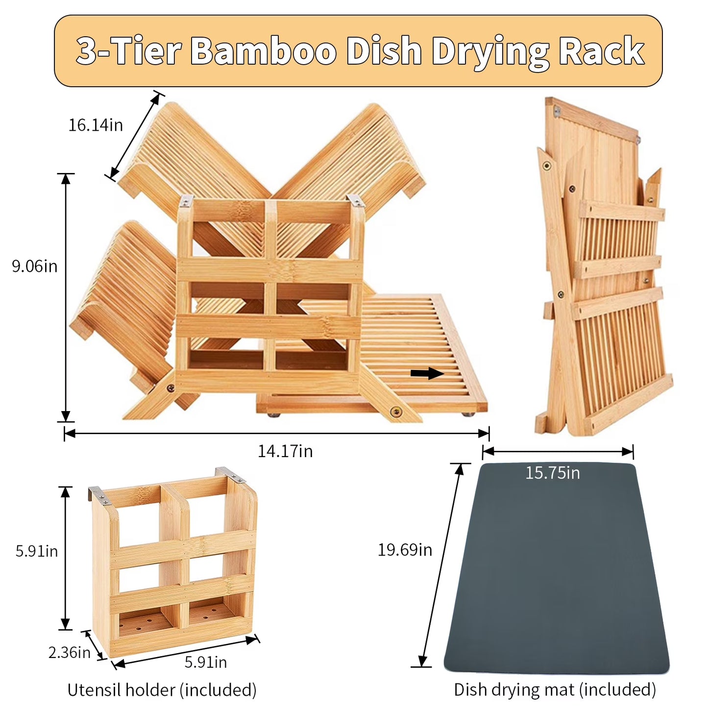 3-Tier Bamboo Dish Drying Rack with Utensil Holder – Collapsible Wooden Dish Drainer with Drying Mat for Kitchen Counter