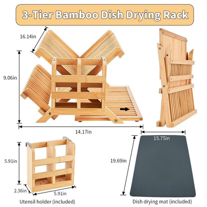 3-Tier Bamboo Dish Drying Rack with Utensil Holder – Collapsible Wooden Dish Drainer with Drying Mat for Kitchen Counter