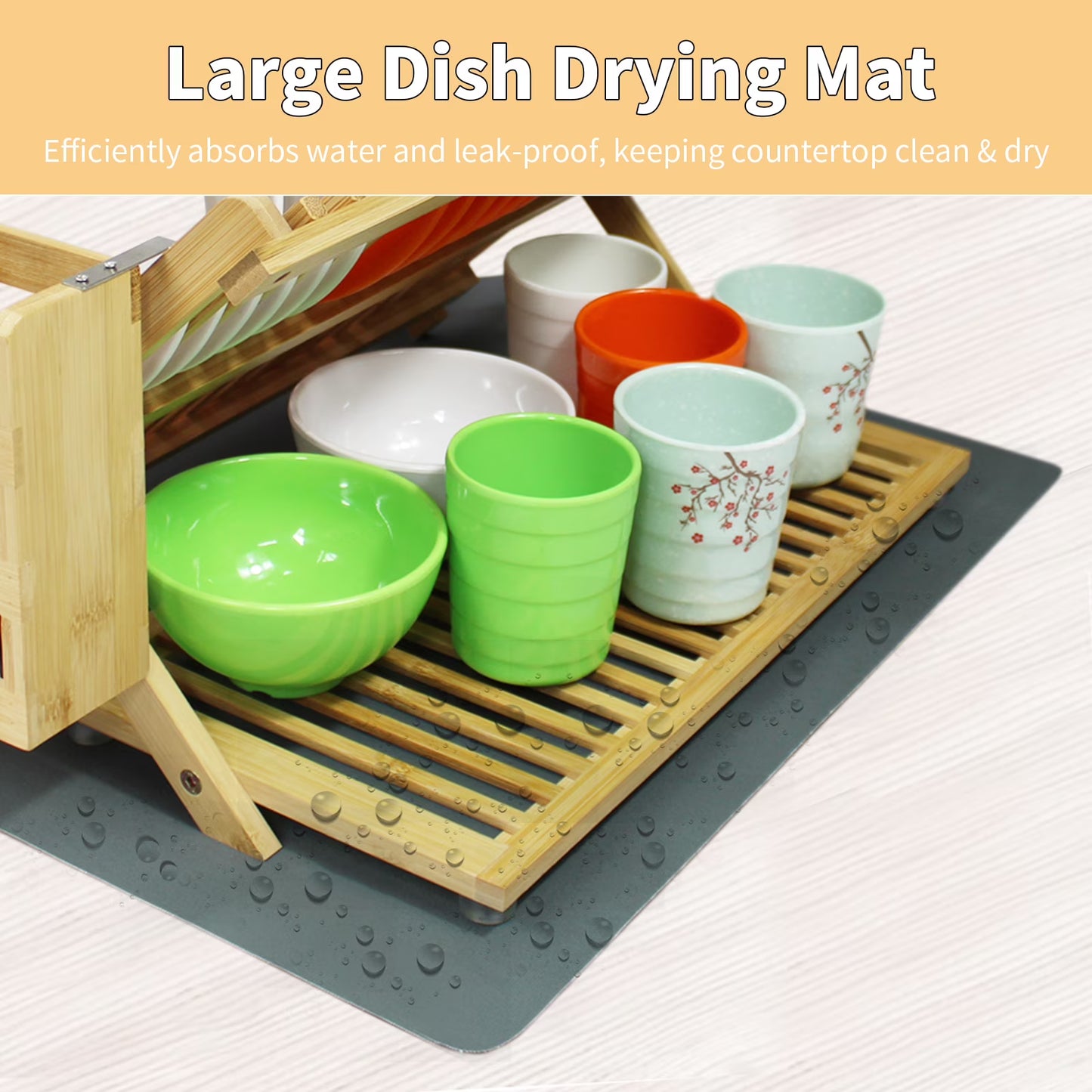 3-Tier Bamboo Dish Drying Rack with Utensil Holder – Collapsible Wooden Dish Drainer with Drying Mat for Kitchen Counter