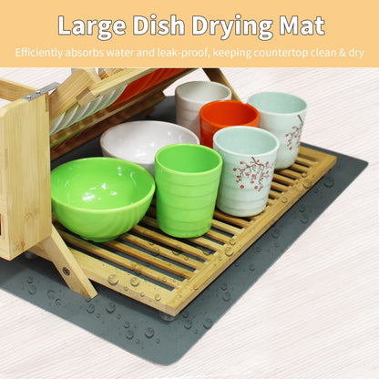 3-Tier Bamboo Dish Drying Rack with Utensil Holder – Collapsible Wooden Dish Drainer with Drying Mat for Kitchen Counter